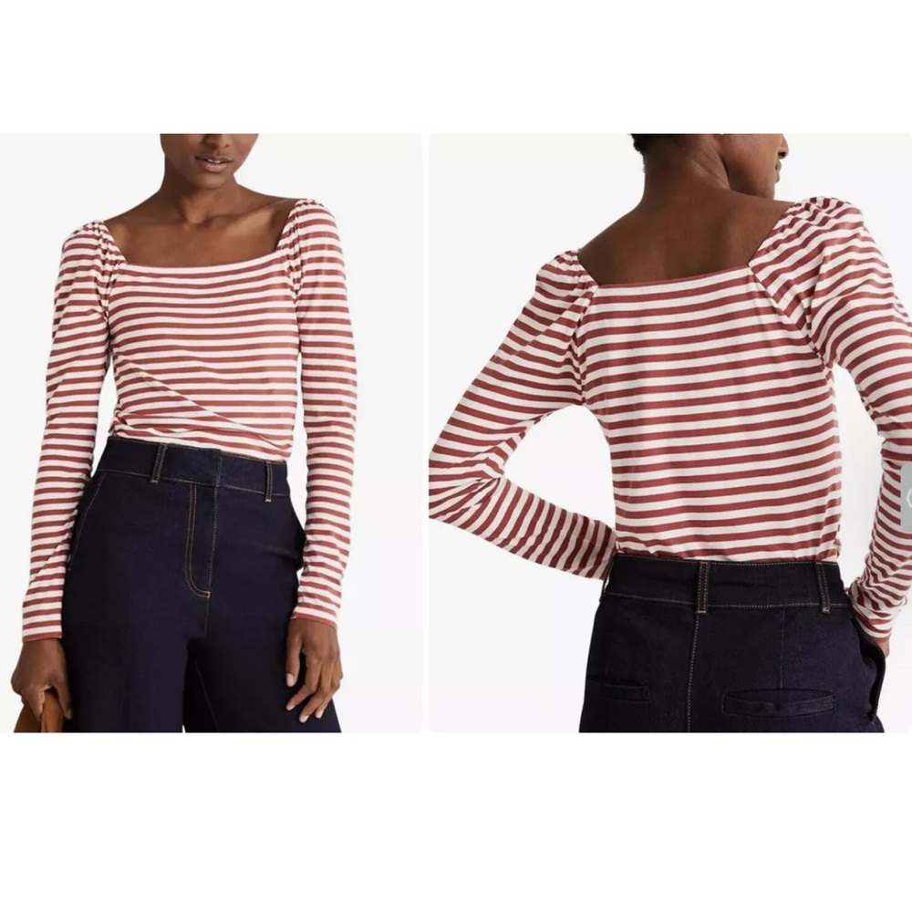 Boden Pink and White Striped Square-Neck Long Sleeve Top